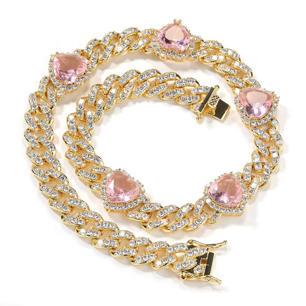 Pink heart Cuban link necklace