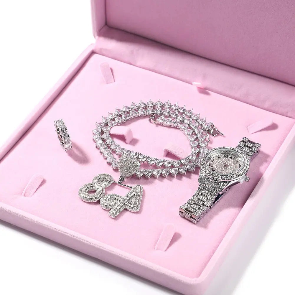 Icy baguette heart name necklace set with watch and ring - BizaarFashionCrush