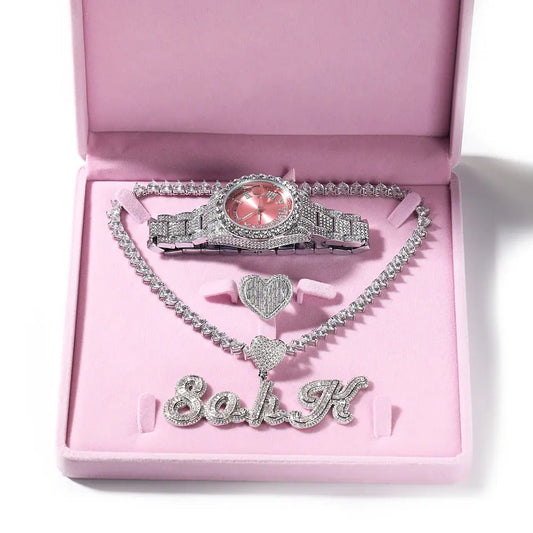 Icy baguette heart necklace set with heart ring and watch - BizaarFashionCrush
