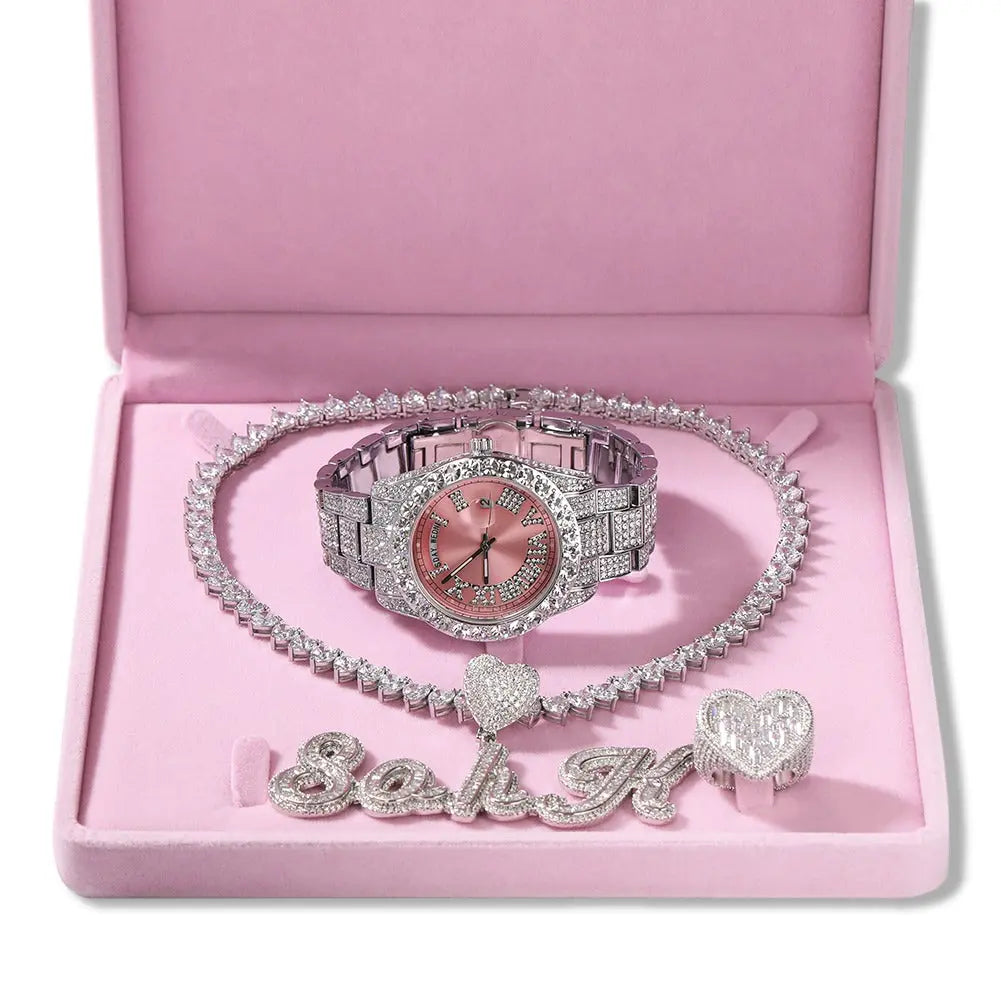 Icy baguette heart necklace set with heart ring and watch - BizaarFashionCrush