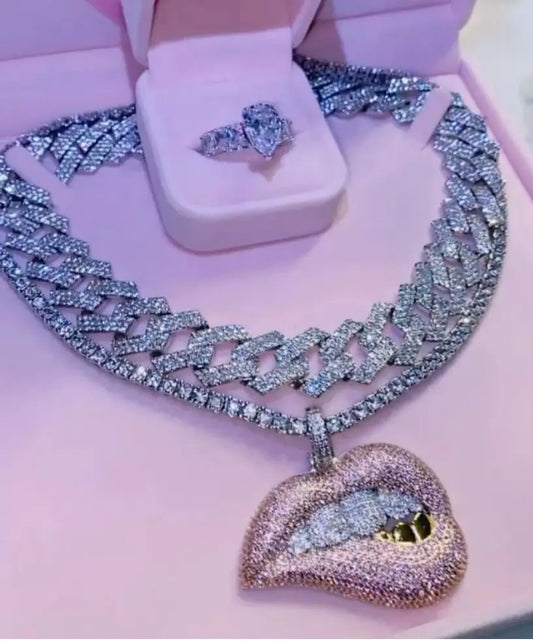 Icy grill tennis necklace X Cuban link set (ring not included) - BizaarFashionCrush