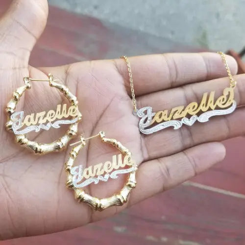 Custom bamboo name earrings and necklace set - BizaarFashionCrush