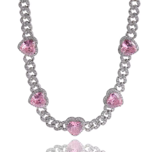 Pink heart Cuban link necklace